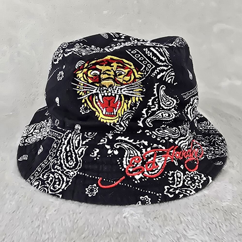 Ed Hardy Mens Bucket Hat Black Paisley Tiger Embroidered Revirsible Y2K